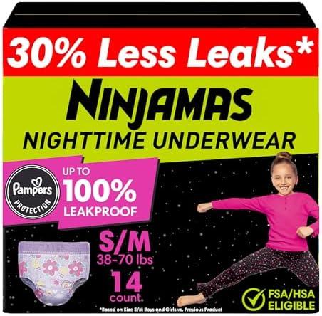 Ninjamas Girls Bedwetting Nighttime Underwear - Size S/M (38-70 lbs), 14 Count, Overnight Protection, Ultra Absorbent, Hypoallergenic