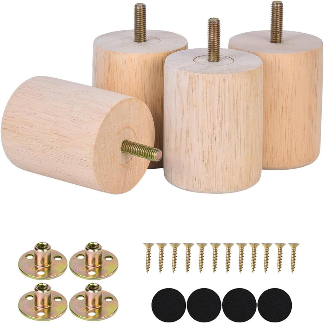 Maricome 3 inch Unfinished Wooden Furniture Legs Set of 4 Predrilled M8 Bolt, Wood Replacement Feet with Mounting Nuts and Screws for Dresser Ottoman Cabinets Chair