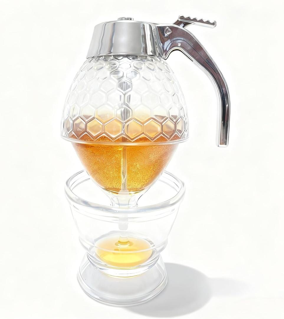 Honey Dispenser No Drip Honeycomb Design 6 Oz with Airtight Seal, Food-Grade ABS Plastic Honey Pot with Stand, Lightweight Honey Container for Home & Gifting