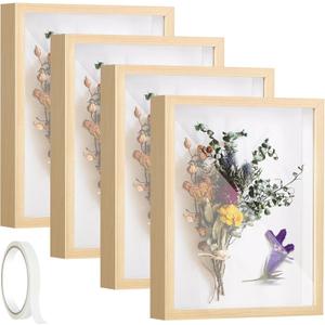 4 Pcak 8x10 Shadow Box Frame, Shadow Boxes Display Cases with Adhesive Tape, 3D Picture Frame, Memorial Picture Frame for Baby Items, Wedding Memories, Crafts, Flowers, Tickets and Photos (4pcs-light Wood)
