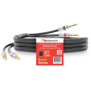 Nakamichi Excel Series 24k Gold Plated Banana Plugs with Speaker Cable Wire 99.9% Oxygen-Free Copper (OFC) Heavy Duty Braided for Amplifier Hi-Fi Home Theatre - Black (14AWG / 6 feet / 1.8m)