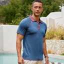 Lexiart Men's Casual Polo Shirt Short Sleeve Raglan Classic Button Golf Collared Tops Contrast Color (Blue, M)