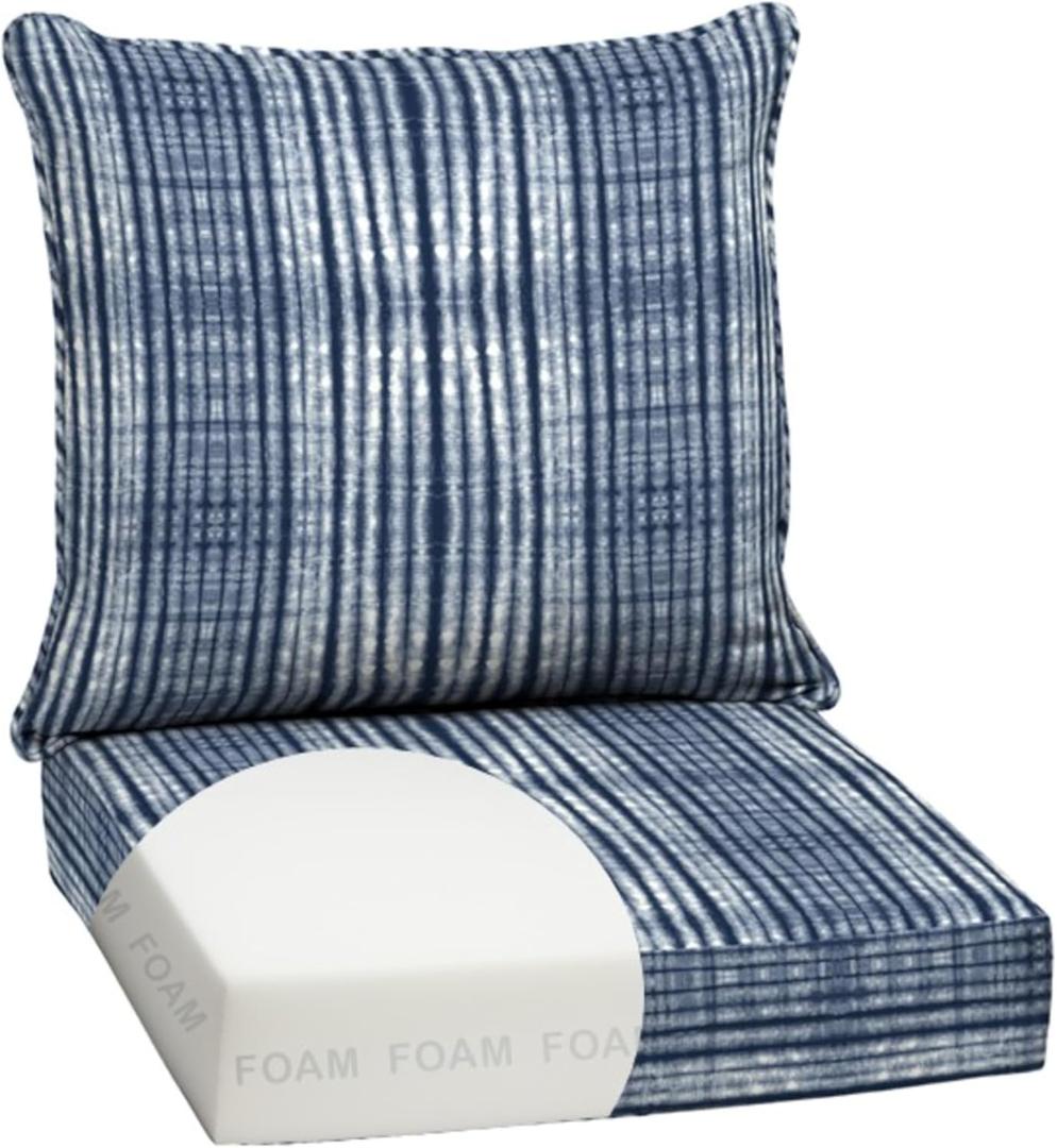 Arden Outdoor Foam Deep Seat Cushion Set, 24 in x 24 in, Weather-Proof, Rain-Proof, Fade Resistant Patio Cushion, Bottom and Back Cushion for Chair, Sofa, and Couch Blue Shibori Stripe