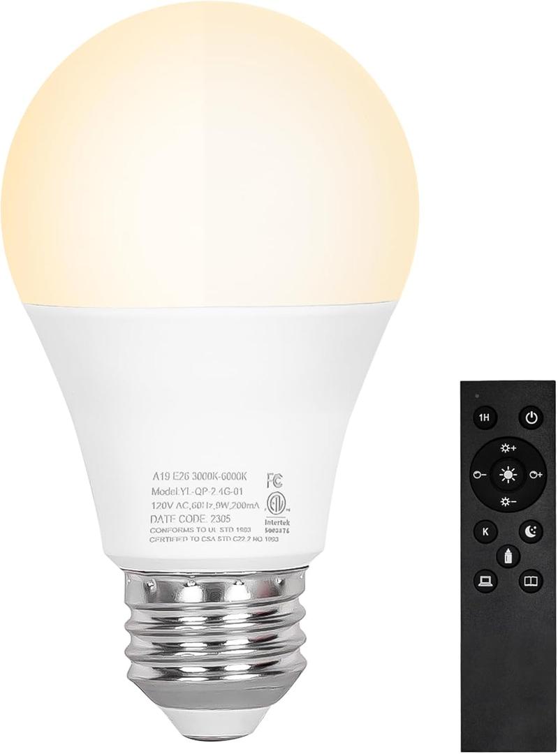 A19 LED Light Bulbs, E26 Dimmable Bulb with Remote Control, Warm White 2700k-6000K, 35000+ Hours Lifespan, Edison Dimmable LED Bulb for Floor Lamp, Desk Lamp, Pendant Light