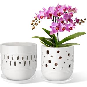 Set of 2 Orchid Pot, 5+6 Inch Orchid Pots with Holes, Orchid Pots for Repotting, Ceramic Flower Pots with Drainage and Tray, Planters for Indoor/Outdoor Plants - White