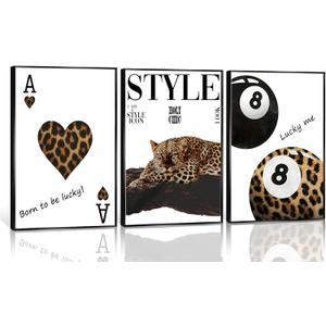 3Pcs Fashion Leopard Print Canvas Wall Art Cheetah Paintings Wall Decor Stylish Lucky 8 Ball Posters Prints College Style Room Aesthetic Pictures for Girls Bedroom Apartment Dorm Decoration Unframed (Brown and Black)