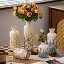 Ceramic Vase Set of 3, Vintage Green Floral Beige Vases, Rustic Chinoiserie Decorative Vases for Home Decor, Living Room, Kitchen, Wedding Gifts, Shelf Decor, Farmhouse Ceramic Vases for Home Decor