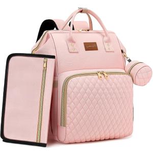 Pink Diaper Bag Backpack for Baby Girls - Baby Shower Gifts for Mom, Quilted Diaper Bag with Changing Pad, Pacifier Case, Insulated Pockets, Stroller Straps, 35L Large Capacity - Cute