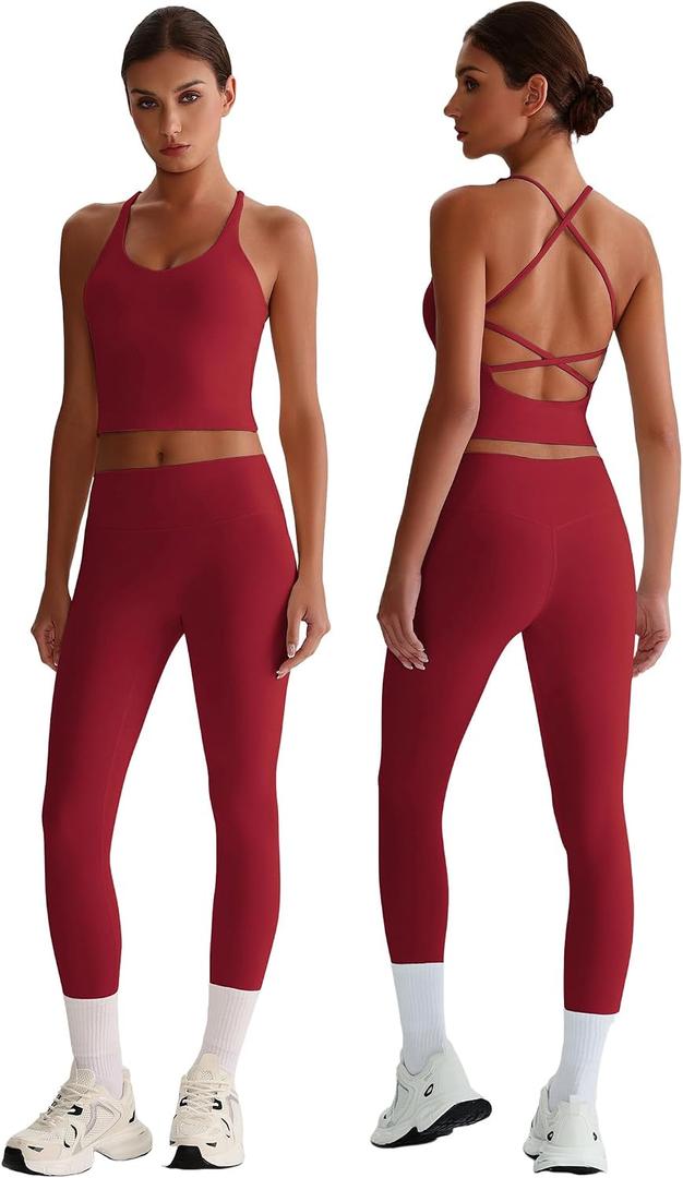ABOCIW Workout Sets for Women 2 Piece Backless Strappy Padded Tank Tops High Waist Leggings Gym Sets Active Wear Yoga Pilates Outfits Cherry Red Medium