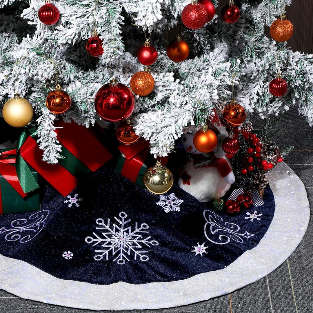 72inch Extra Large Christmas Tree Skirt Navy Blue Luxury Velvet Plush Fur Skirts Snow Sequin Embroidery Tree Skirts with White Lace Trim Xmas Velvet Trees Skirt for Christmas Holiday Party Home Decor