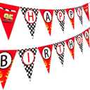 Race Car Happy Birthday Banner - Racing Themed Party Sign, Checkered Flag Decorations