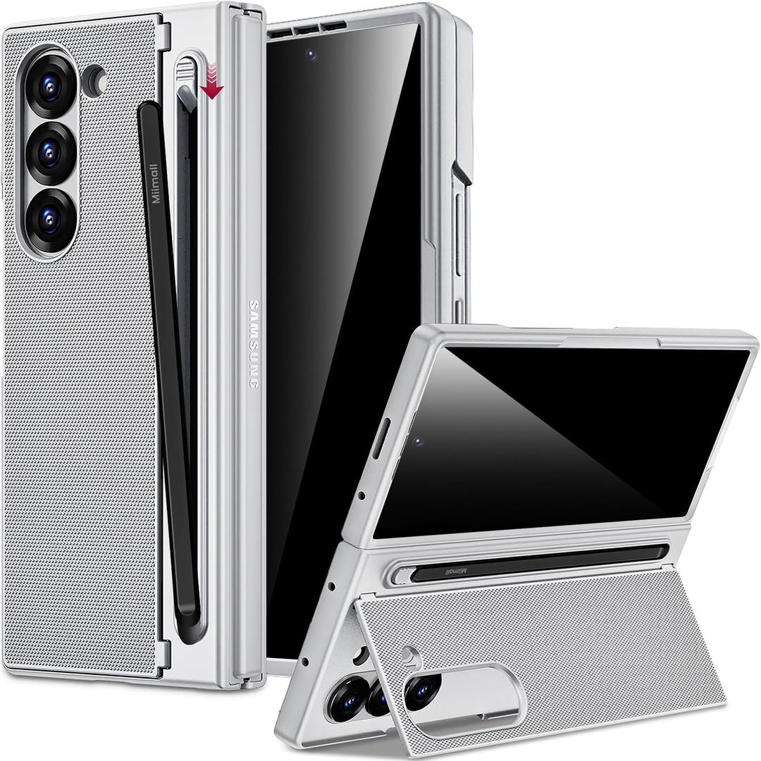 Miimall for Samsung Galaxy Z Fold 5 Case with S Pen Holder & Built-in Privacy Screen & Invisible Kickstand, Slim Shockproof Kickstand Cover for Z Fold 5, Silver