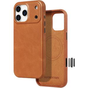 LUCKYCOIN Premium Handcrafted 100% Full-Grain Cowhide Leather Case for iPhone 17 Pro Max 6.9'', Built-in Camera Control Button, MagSafe Compatible, Full Camera Protection, Metal Button, Retro Brown