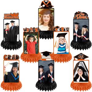 8 Pcs Graduation Party Decorations Class of 2026 Graduation Honeycomb Centerpieces Table Decor Grad Photo Display Congrats Grad Table Toppers for Party Favor(Black Orange)
