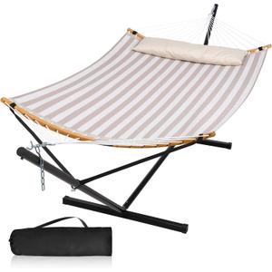 Double Hammock with Stand and Carrying Bag, Light Brown Stripe | Quick Dry Hammock with Curved Spreader Bars and Pillow, 450 Lbs Capacity, For Indoors, Patio, Garden
