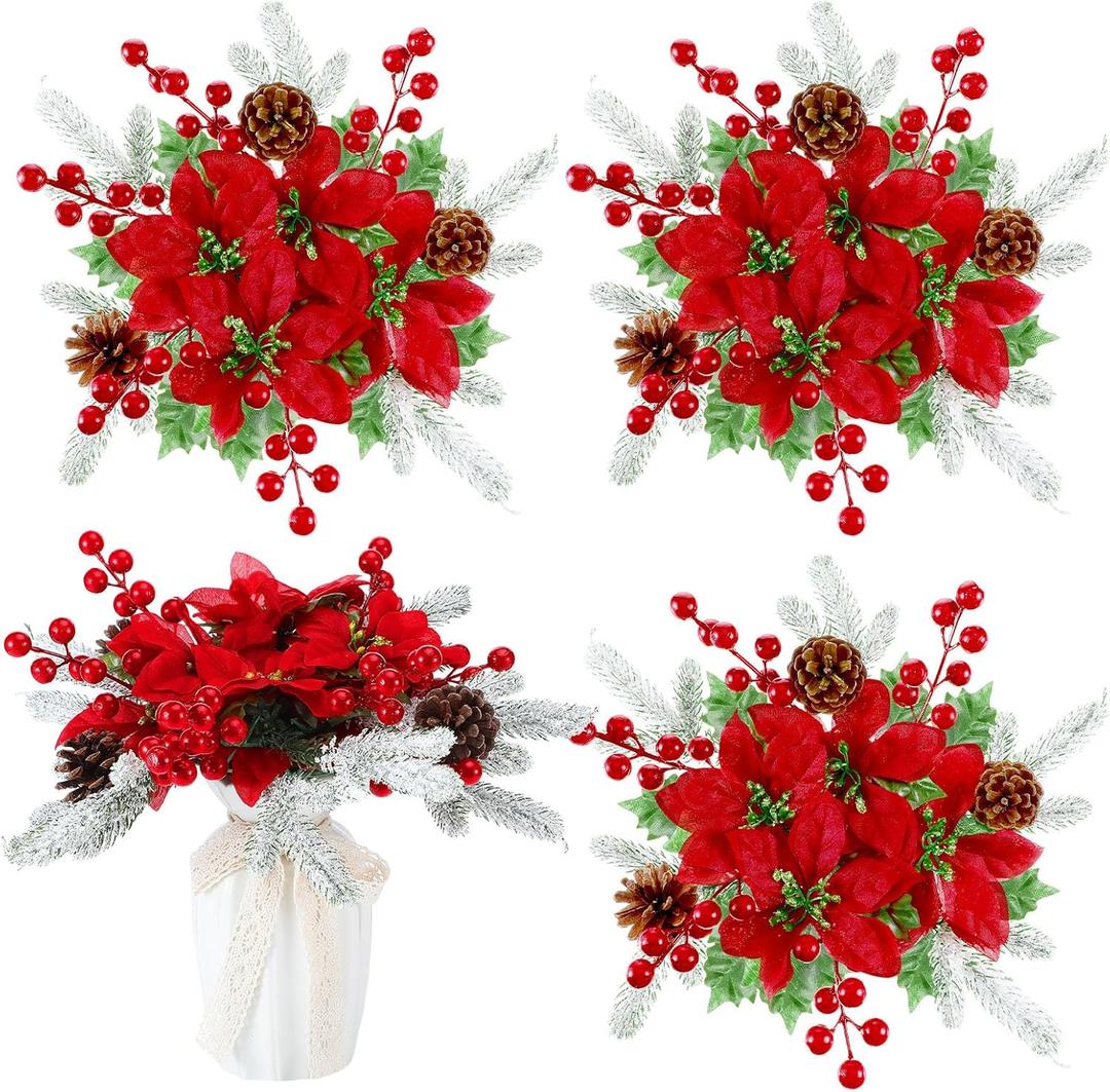 Knitgrip 4 Pcs Christmas Poinsettias Flowers Centerpieces 13.78 Inch Red Flower Ball Table Centerpieces Christmas Artificial Poinsettias Decoration with Pine Needles Pinecone for Xmas Holiday Party