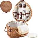 Willinglong Heart Picnic Basket with 2 Person Tableware Set Wicker Picnic Basket Couple Gift for Camping Beach Wedding Party Birthday Outdoor Antique White