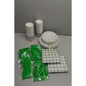 350 Pcs Sage Green Gingham Plates and Napkins Set, Sage Gingham Party Supplies with Paper Plates Napkins Cups Plastic Spoons Forks Knives for Wedding Picnic Baby Shower Decorations