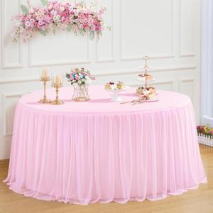 Suppromo Tulle Pink Round Tablecloths for 72 inch Table Wrinkle Free 132inch Fitted Round Table Cloths Cover with Skirt for Party, Wedding, Birthday, Baby Shower, Banquet, Home Decoration