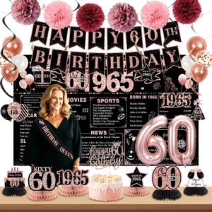 60th Birthday Decorations for Women, Rose Gold Back In 1965 Birthday Banner Decorations, Happy 60th Birthday Cake Topper, Balloons, Backdrop, Sash Party Supplies for Women