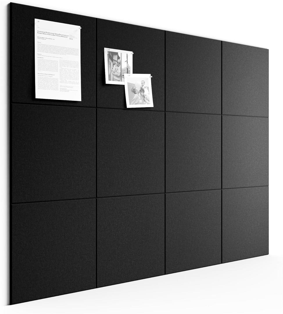 Bumusty Large Cork Board 48" x 36" Alternative - 12 Pack Felt Wall Tiles with 70 Safe Removable Adhesive Tabs, 30 Pushpins, Cork Boards for Walls Pin Board Bulletin Board Office Decor (Black)