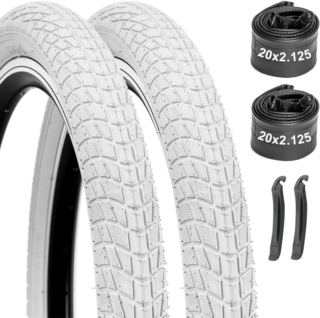 Bike Tires 16/20x2.125 2-Pack with Tubes & Levers - Compatible with Kids Bike, BMX, MTB, Mountain Bicycle - White/Camo Blue Design, Thick Rubber, Replacement Tires & Inner Tubes