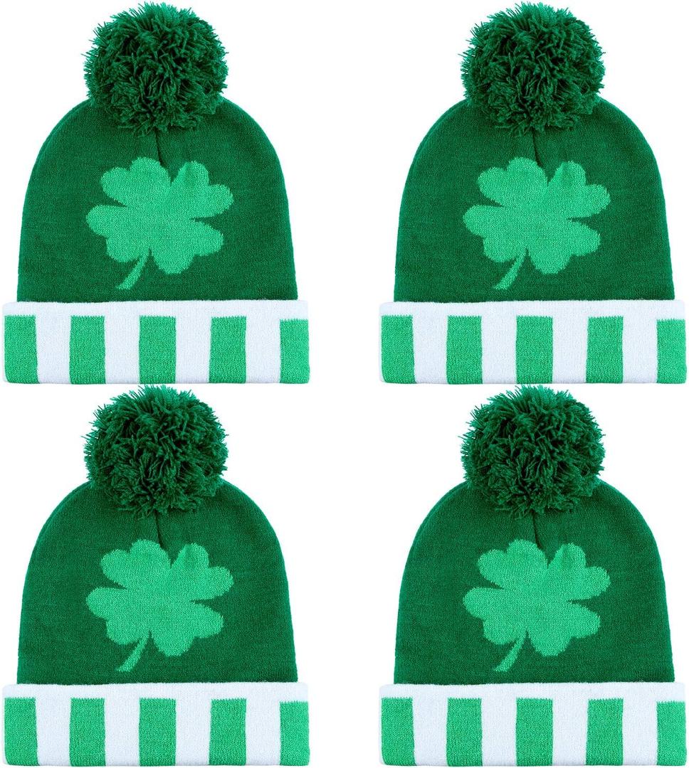 SATINIOR 4 Packs St. Patrick's Day Shamrock Knit Beanie Hat Green Clover Skull Ski Cap Saint Patrick's Day Warm Beanie for Women Men Party Costume Accessory