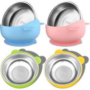 Stainless Steel Baby Bowls with Suction, 2-in-1 SUS304 Toddlers Bowl & Removable Silicone Suction Kids Bowl, Anti Scald Non Toxic Snack Container for Baby Food Feeding, 4 Colors Set (Tropical Sparks)