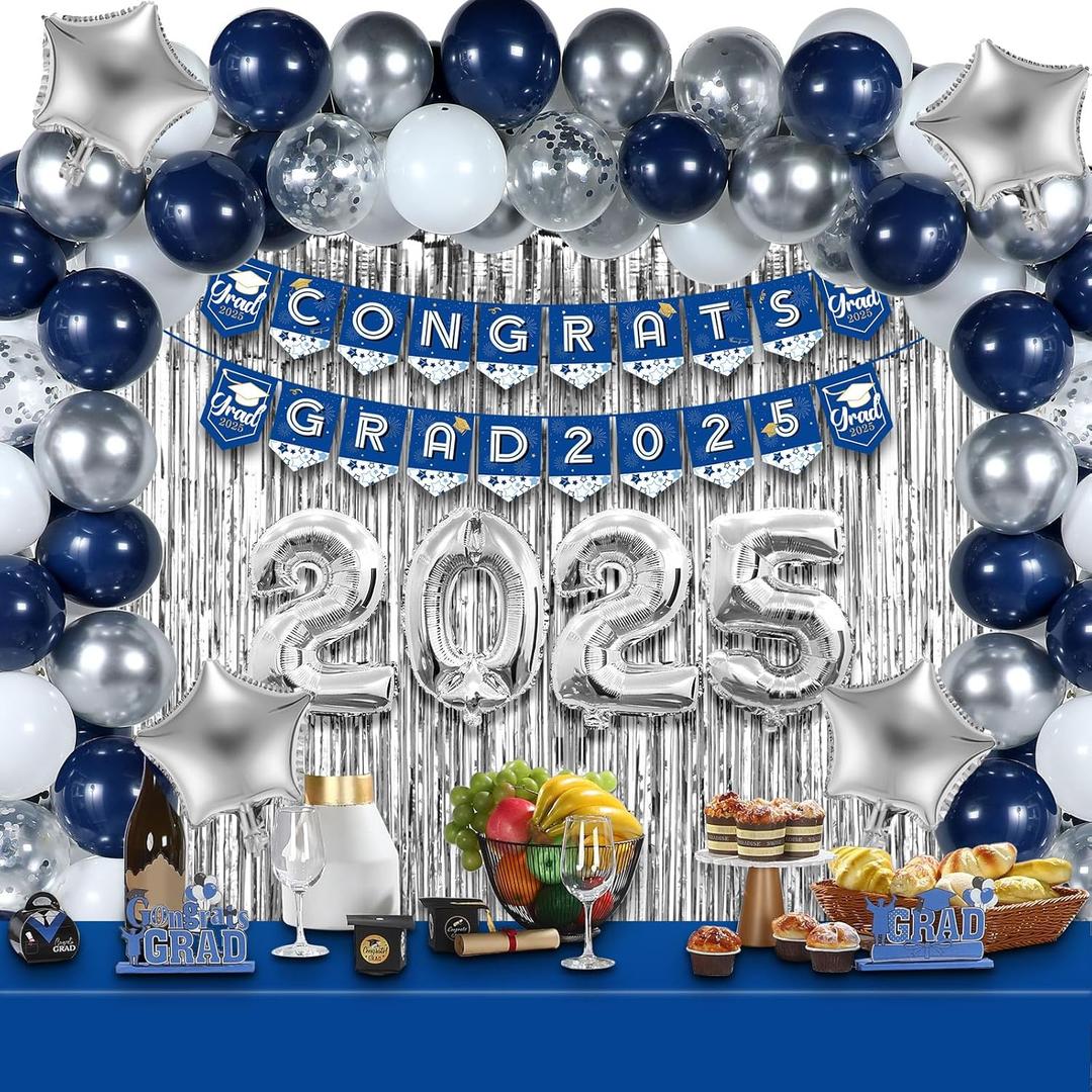 BBTO Graduation Decorations 2025 Graduation Party Supplies Congrats Grad Banner Confetti Star Balloons Foil Fringe Curtain Tablecloth for College High School Grad Decor(Navy Blue, Silver)