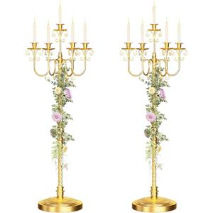 Floor Candelabra 50 Inch Gold Candlestick Holder 5 Arms Candle Holders Antique Flower Stand Centerpiece Decorative Candle Holder for Events, Party, Ceremony, Wedding Aisle, Home 2 Pcs (Beaded Styling)
