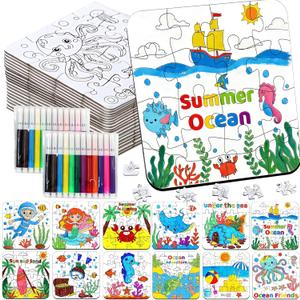 24 Set Summer Crafts for Kids Bulk, Summer Ocean Activities Puzzle with Mermaid Fish Starfish Animal, Camp Beach Arts and Crafts Classroom Gifts, Under the Sea Theme Party Favors, June Coloring Games