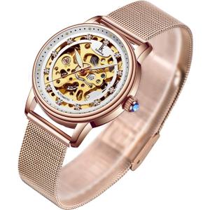 Gute Women's Watch Luxury Mechanical Stainless Steel Skeleton Steampunk Automatic Self Winding Wristwatch (Gold)