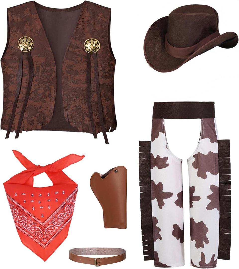 TOGROP Cowboy Costume for Boys 5pcs Kids Cowgirl Western Dress Up Party Cosplay (6-7 Years)