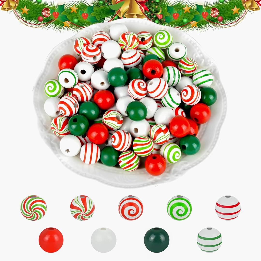 240 Piece Christmas Wooden Candy Cane Swirl Beads - Red, Green, White 16mm Round Craft Beads for Xmas, Jewelry, Garland, Party, Home Decoration