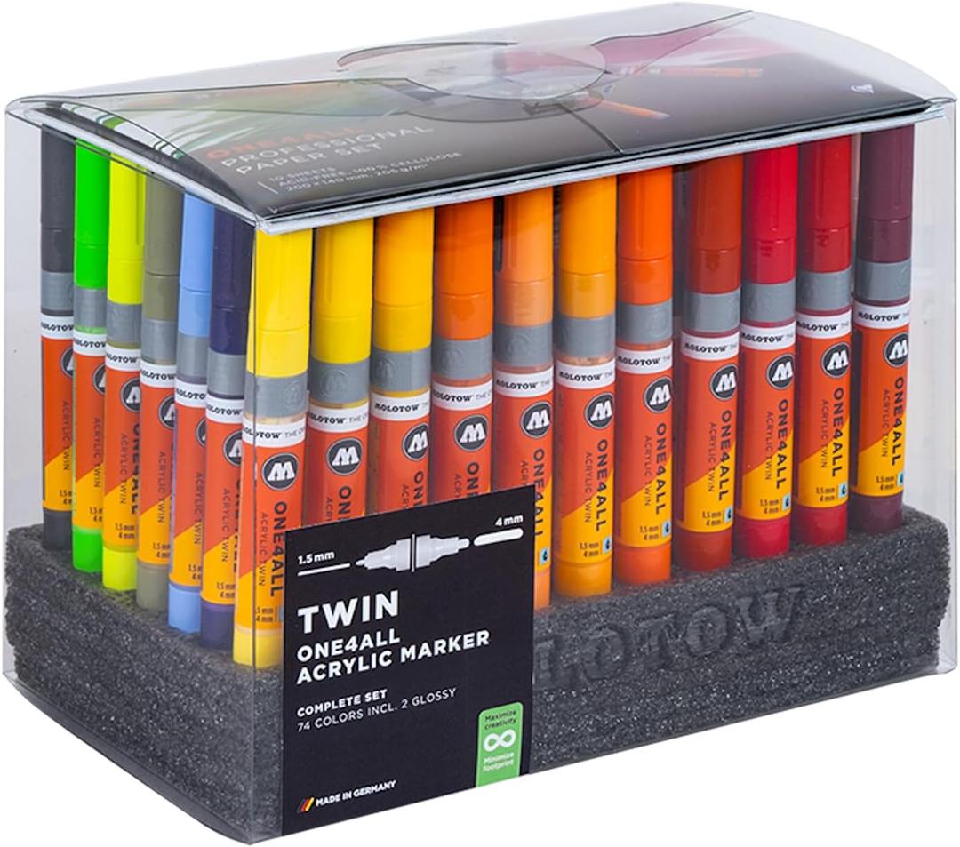 MOLOTOW 74-Color One4All 1.5 & 4mm Twin-Tip Acrylic Pump Marker Complete Set, 74 Markers, 1 Set