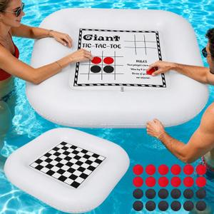 3-in-1 Pool Games Set Inflatable Giant Tic Tac Toe Checkers Board Game with 24 Chips 3.48Ft Double-Sided Foldable Float Water Toys Outdoor Play for Summer Swimming Pool Family Reunion Party