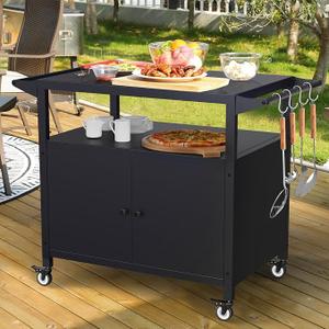 cozEER Outdoor Grill Table with Storage, Weatherproof Grill Cart Portable, Outdoor Storage Box, Kitchen Island, Stainless Steel Table with Utensil Hooks & Rolling Lockable Caster Wheels