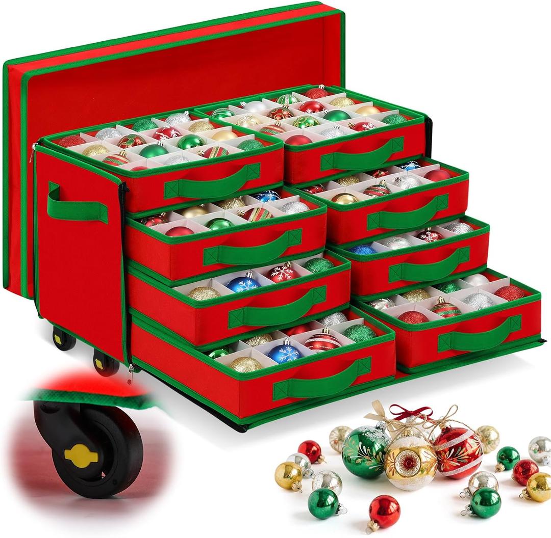 Peryiter Rolling Christmas Ornament Storage Box with Wheels 128 Slots 3" Adjustable Dividers Large Christmas Ornament Organizer Decoration Storage Containers with 8 Removable Drawer Trays