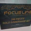 FOCUSLINE 350 Ct Disposable Dinnerware Set for 50 Guests -Heavy Duty Plastic Plates with Gold Rim, Includes 50 Dinner & Salad Plates, Cups, Napkins, Cutlery Set
