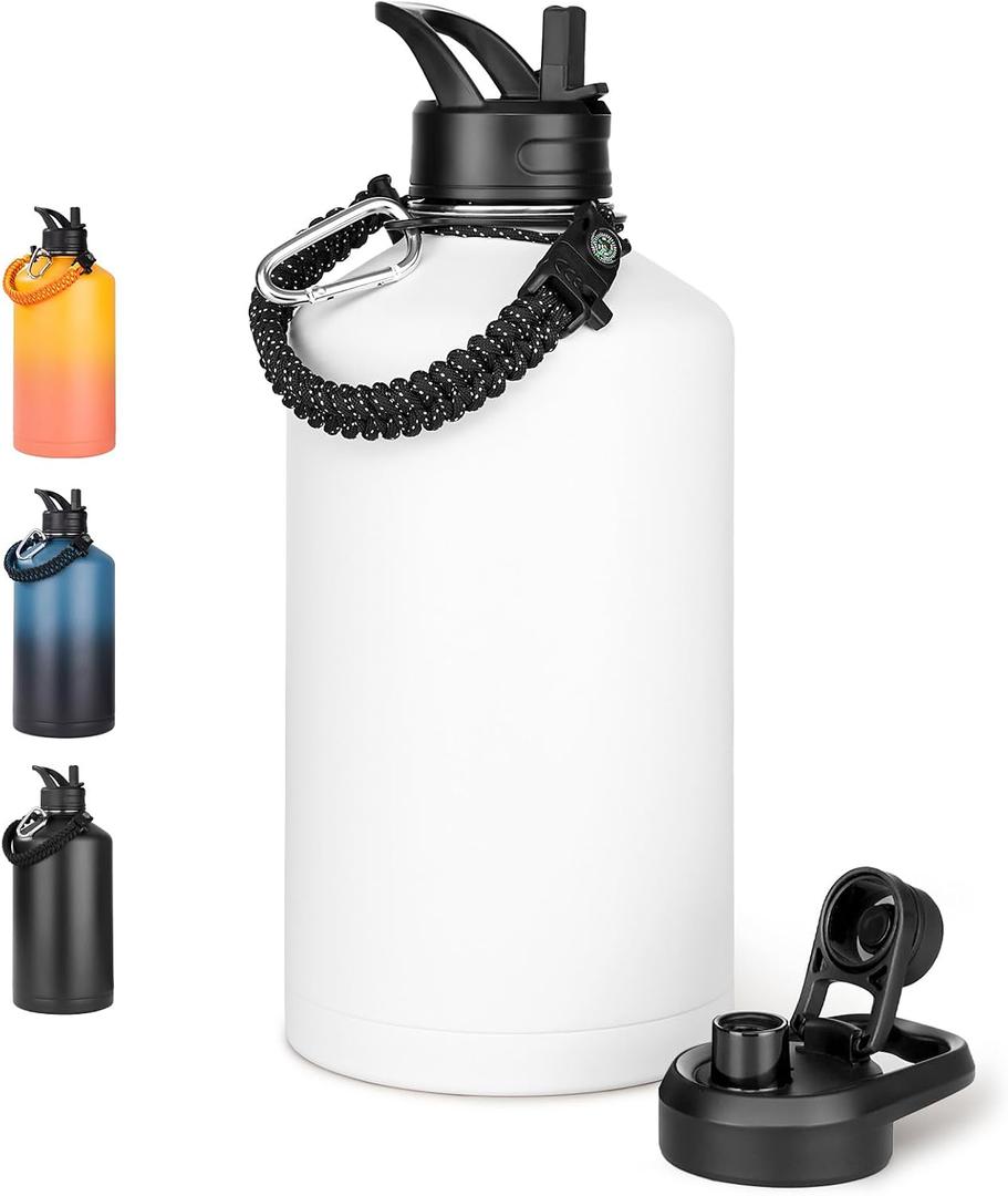 Fijinhom Gallon Water Bottle with 2 Lids (Straw & Spout), 304 Stainless Steel Water Jug with Handle and Wide Mouth, 1 Gallon Vacuum Double Walled Jug for Sports, Outdoors, Leak-Proof, White 128 oz
