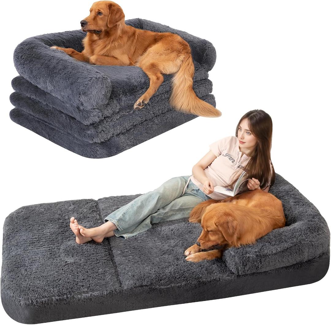 Foldable Human Dog Sofa Bed, 73x42x10 in Faux Fur Orthopedic Pet Bed with Egg Foam Mattress, Portable Dog Bed for Adults, Camping Indoor Use
