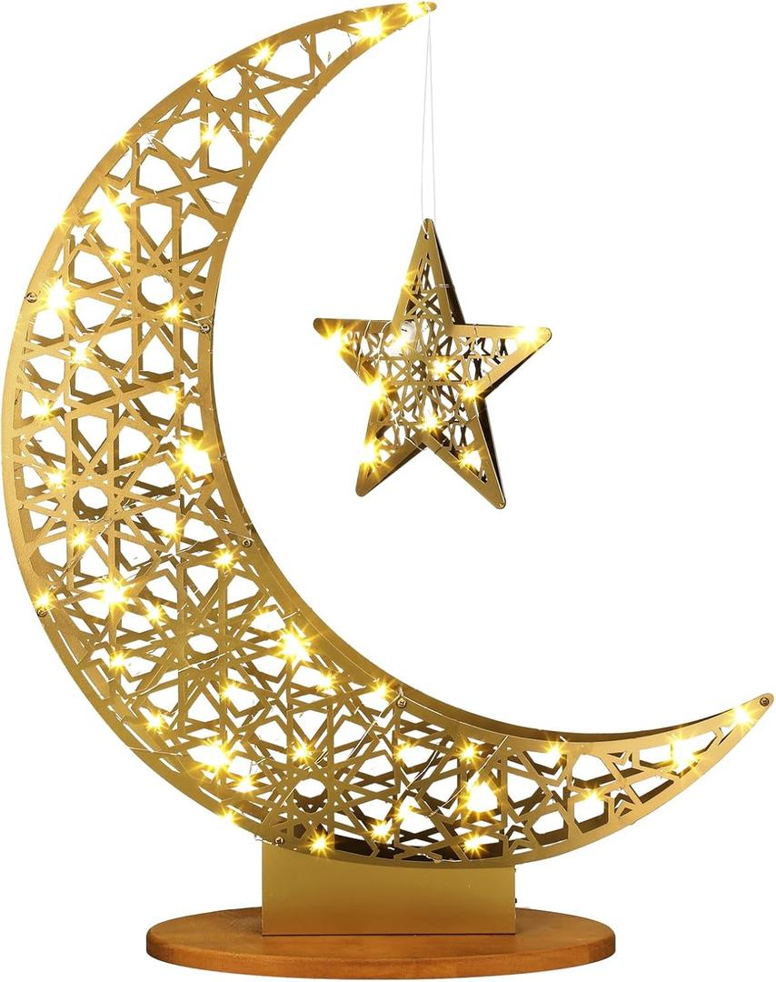 Tujoe Large Eid Metal Moon Star Light Decor LED Ramadan Mubarak Crescent Lamp Decorative Crescent Light Stand with Battery Powered(20.4 x 17.3 Inch)