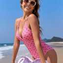 ZAFUL Women's One Piece Swimsuit Tummy Control Slimming Swimwear Floral Double-Strap Back Cut Out Bathing Suit (L)