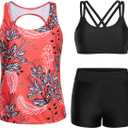 Yonique 3 Piece Tankini Swimsuits for Women Bathing Suits with Boy Shorts and Swim Tank Top Bra Modest Swimwear (X-Small, Red Floral)