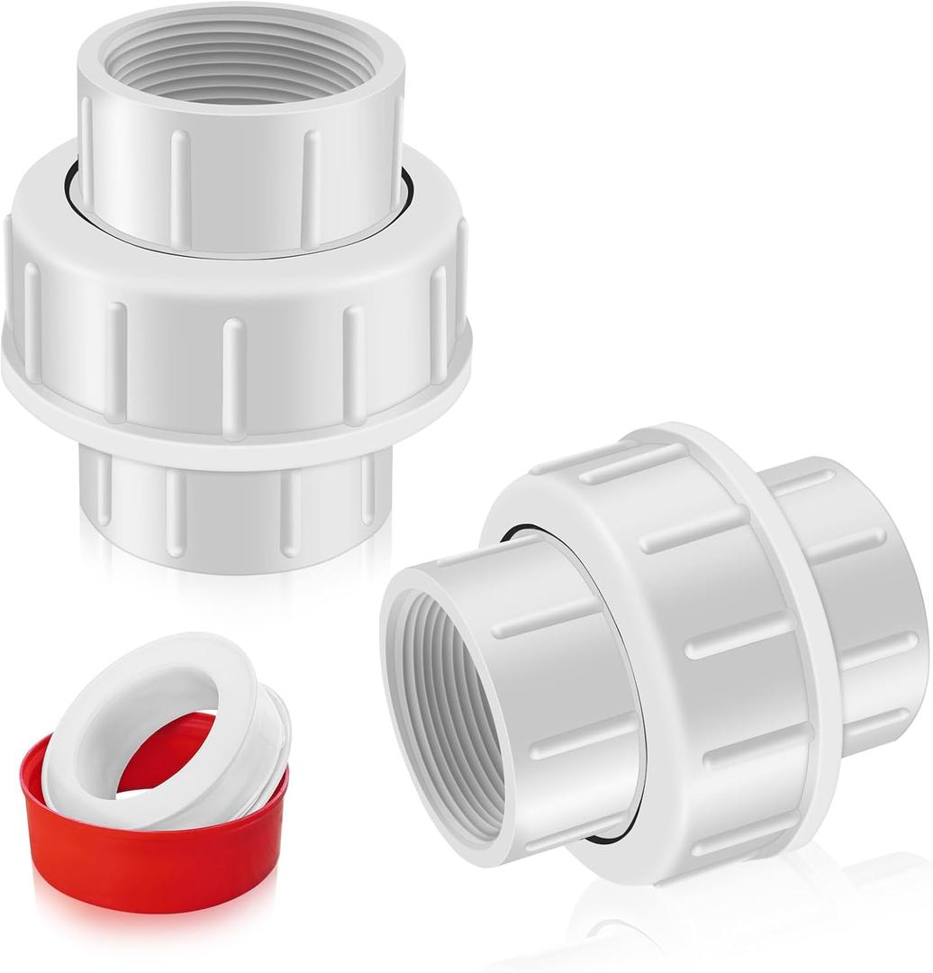 FANOVO 1-1/2 inch NPT Female PVC Pipe Union, 2pcs Schedule 40 White Plastic 1.5'' FIP to FIP Threaded Union Couplings Coupler Joint Connector Fitting, for Pool Sand Filter and Pump Applications