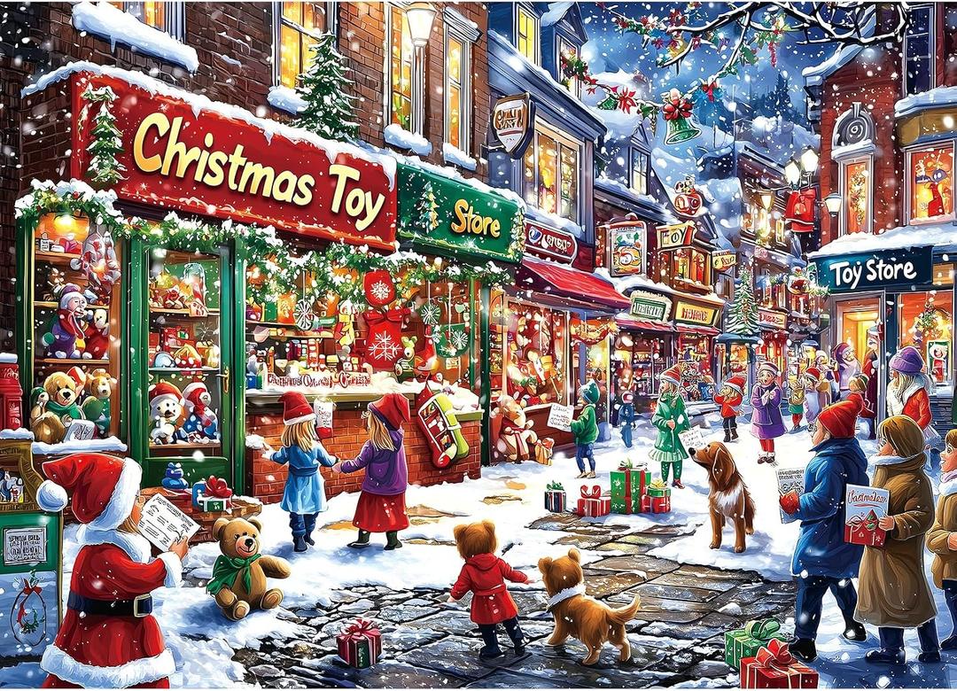 Christmas Village Street Scene Winter Holiday 1000 Piece Jigsaw Puzzle for Adult Clearance, Family Fun Activity