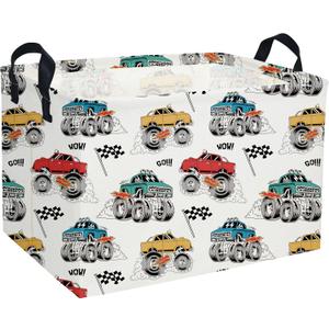Essme Rectangular Monster Truck Baskets Boys Basket,Kids Storage Bins with Handles for Car Decor, Racing Storage BinMonster truck
