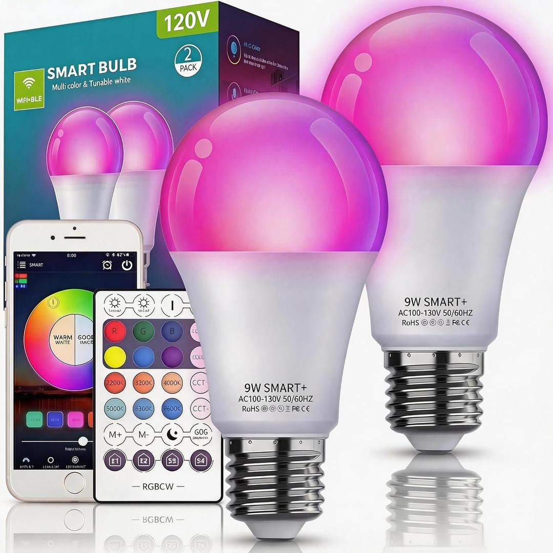Smart Light Bulbs 2 Pack, Color Changing Light Bulb Works w/Alexa Google Home, 9W A19 E26 800LM RGBTW Colored LED Bulbs, 50+ DIY Scenes, Music Sync, App & Voice Control WiFi Light Bulbs