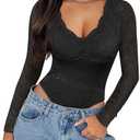 SAUNGKUAI Women's V Neck Lace Bodysuit Long Sleeve Bodysuits Double Lined Going Out Tops Y2K Trendy Thong Outfits Size Large