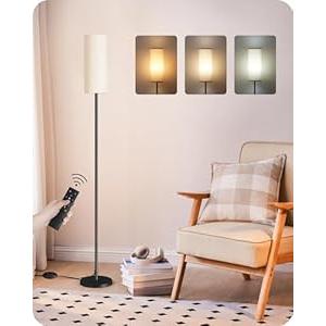GOEBLESON Dimmable Floor Lamp for Living Room, Corner Floor Lamp with Remote, 66'' Standing Tall Lamp, Linen Lampshade, 10W 800LM LED Bulb for Bedroom Study, FCC Listed, Black and Beige E06LD05